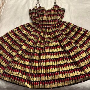 Bernie Dexter Lipstick print dress gold red lipstick black background Large worn